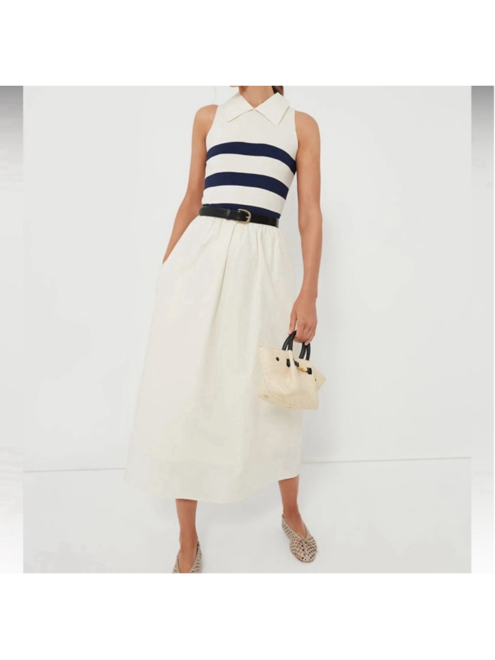 Tuckernuck Ivory Stripe Marina Midi Dress Medium Collared Coastal Nautical Prep - Picture 2 of 10